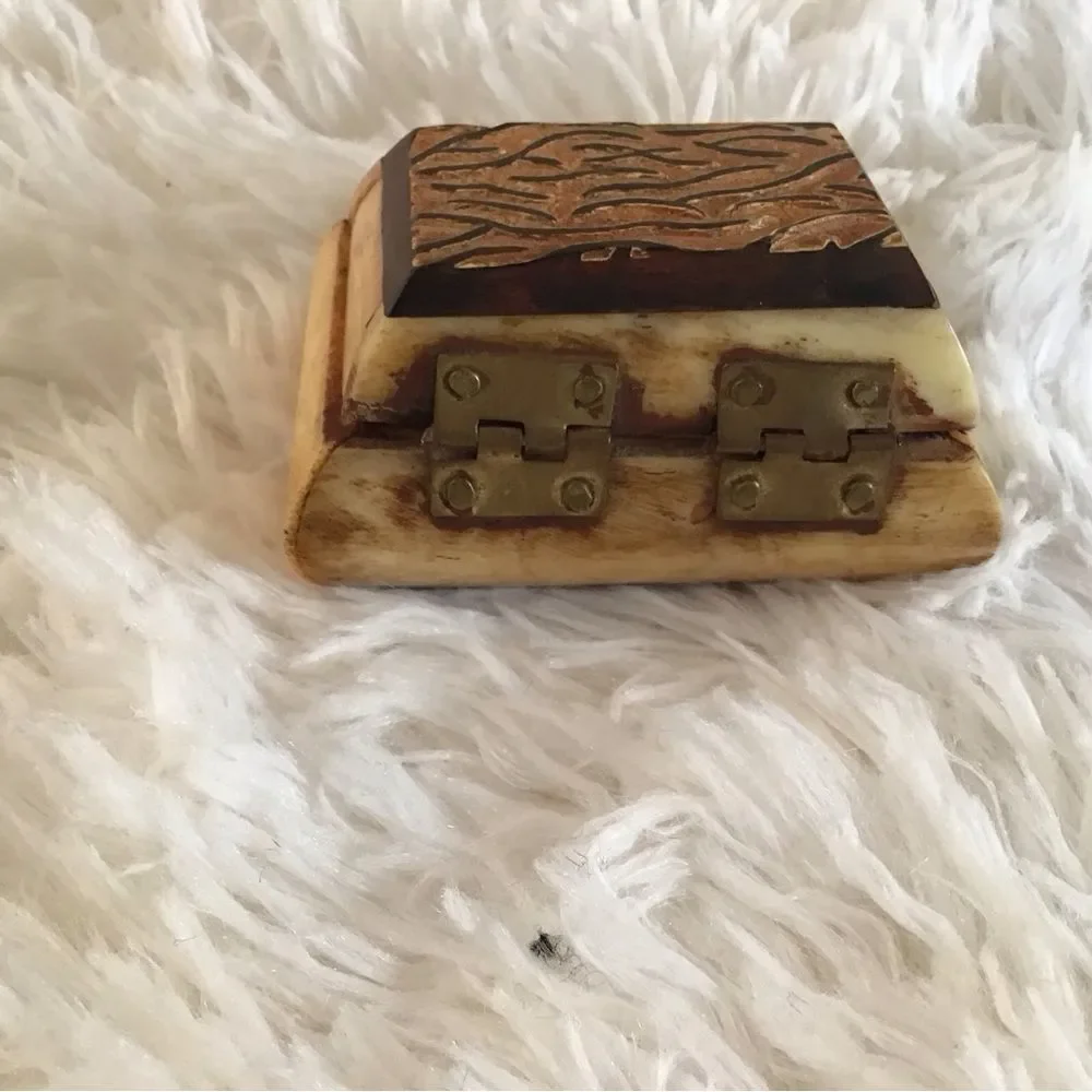 Handcrafted Trinket Box Camel Bone Brass Hinges Velvet Lined Carved Wood Top - Picture 3 of 7